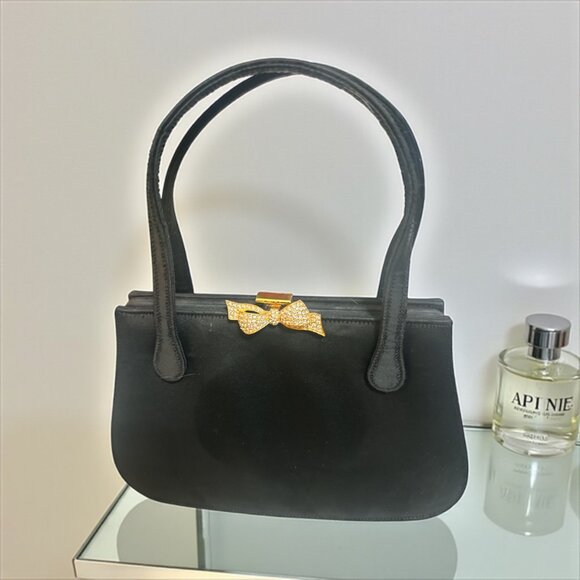 Dofan Vintage Handbag Black Fabric Gold Pave Clasp Purse 60s France Formal Bag - Picture 7 of 8